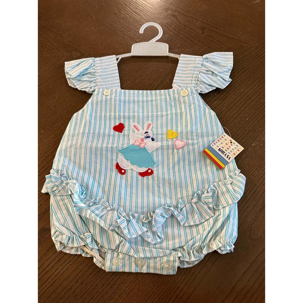 NWT Kahana Bunny Blue Striped Bubble Romper 18 Months‎ Stripes With Ruffles Vtg